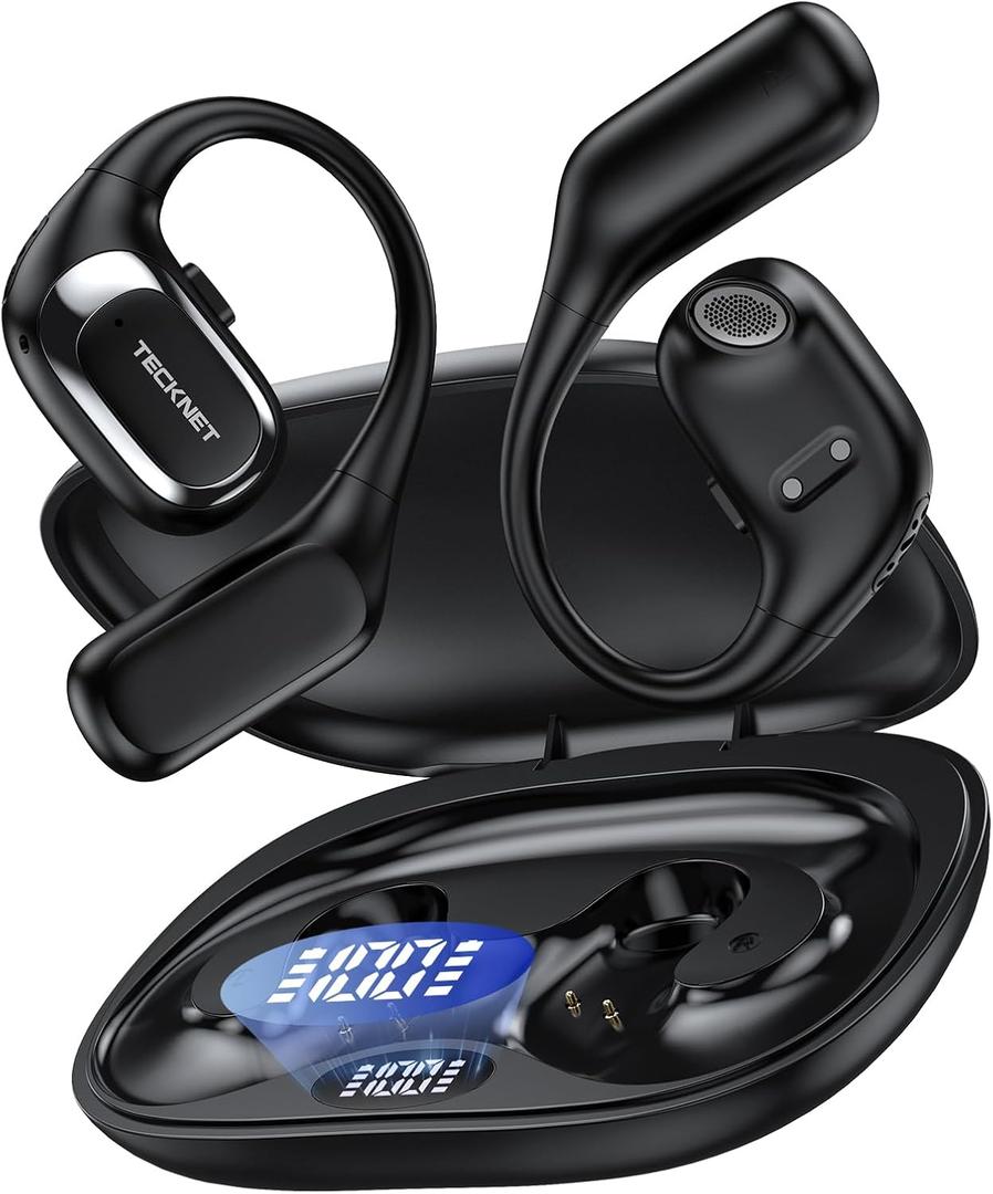 TECKNET Open Ear Headphones, Over the Ear Earbuds with Bluetooth 6.0, Smart Digital Display, 40H Playtime, IPX5 Waterproof, USB-C Fast Charging, Touch Control for Travel, Cycling, Running, Black