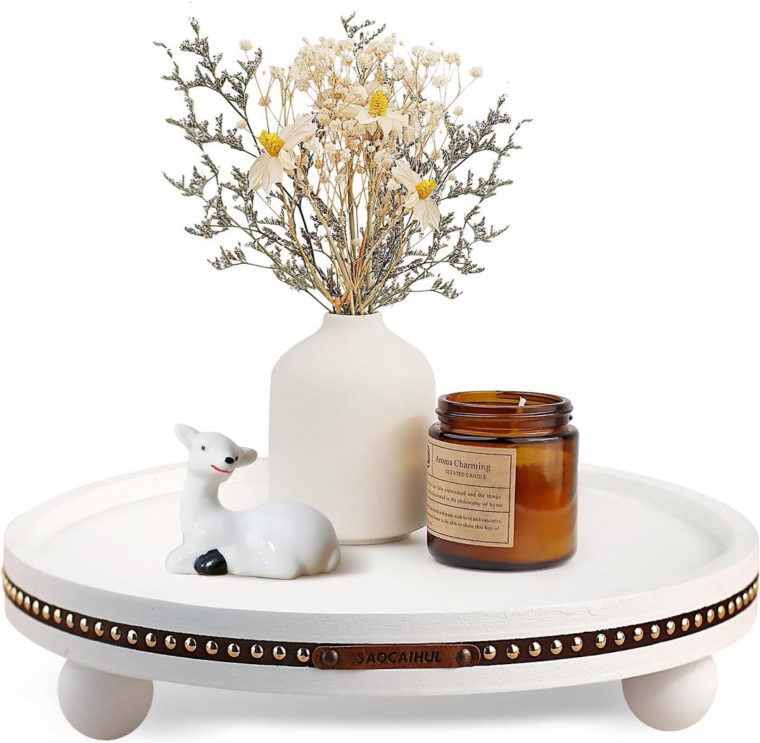Farmhouse Decorative Round Tray, 11.81 Inch, Versatile Centerpiece Tray for Coffee Table Kitchen Living Room Bathroom, Home Decor Accent White