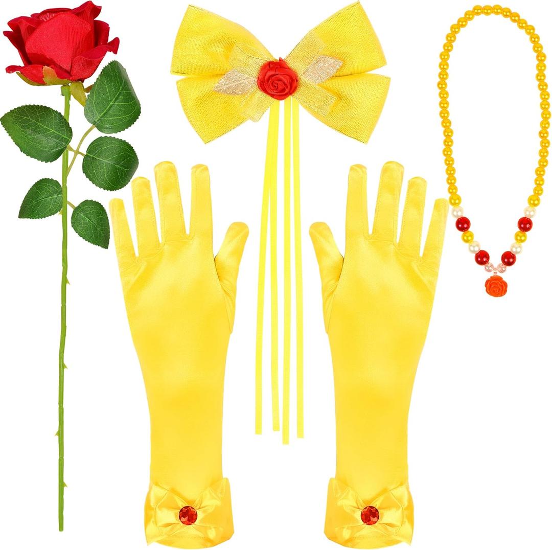 U-Goforst Princess Costume Accessories for Women, Yellow Hair Bow Gloves Necklace Rose Set for Halloween Dress Up Party