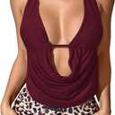 SHENHE Women's Sexy Y2k Going Out Halter Crop Top Open Back Draped Deep V Neck Tank Clubwear (Large, Burgundy)