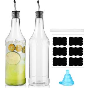 Dandat 32 oz Plastic Long Neck Bottles with Pourer and Caps Plastic Juice Pour Bottles with Stainless Steel Pourer Tapered Spout for Juice(Silver,4 Pcs)