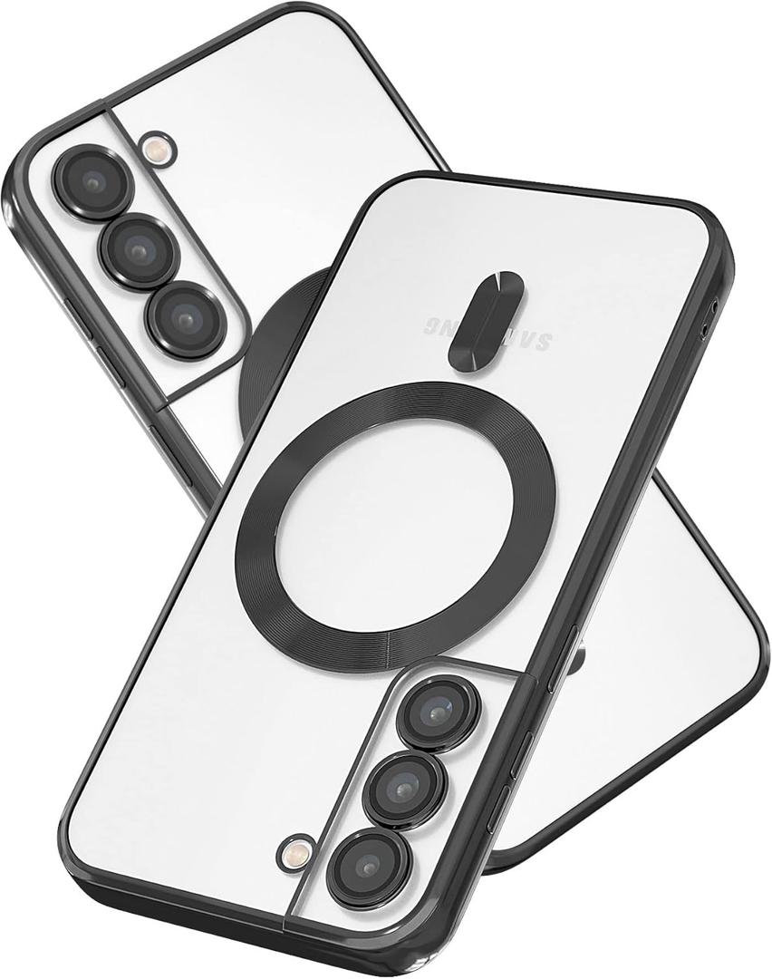 Magnetic for Samsung Galaxy S21 Case,Electroplated Edge Clear Back Slim Protective Phone Case with Camera Protection,Compatible with MagSafe,Black Edge