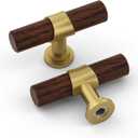 homdiy 10 Pack Wood Cabinet Knobs Gold Cabinet knobs Walnut Wood Grain Metal Drawer Pulls for Dresser Cupboard (Single Hole)