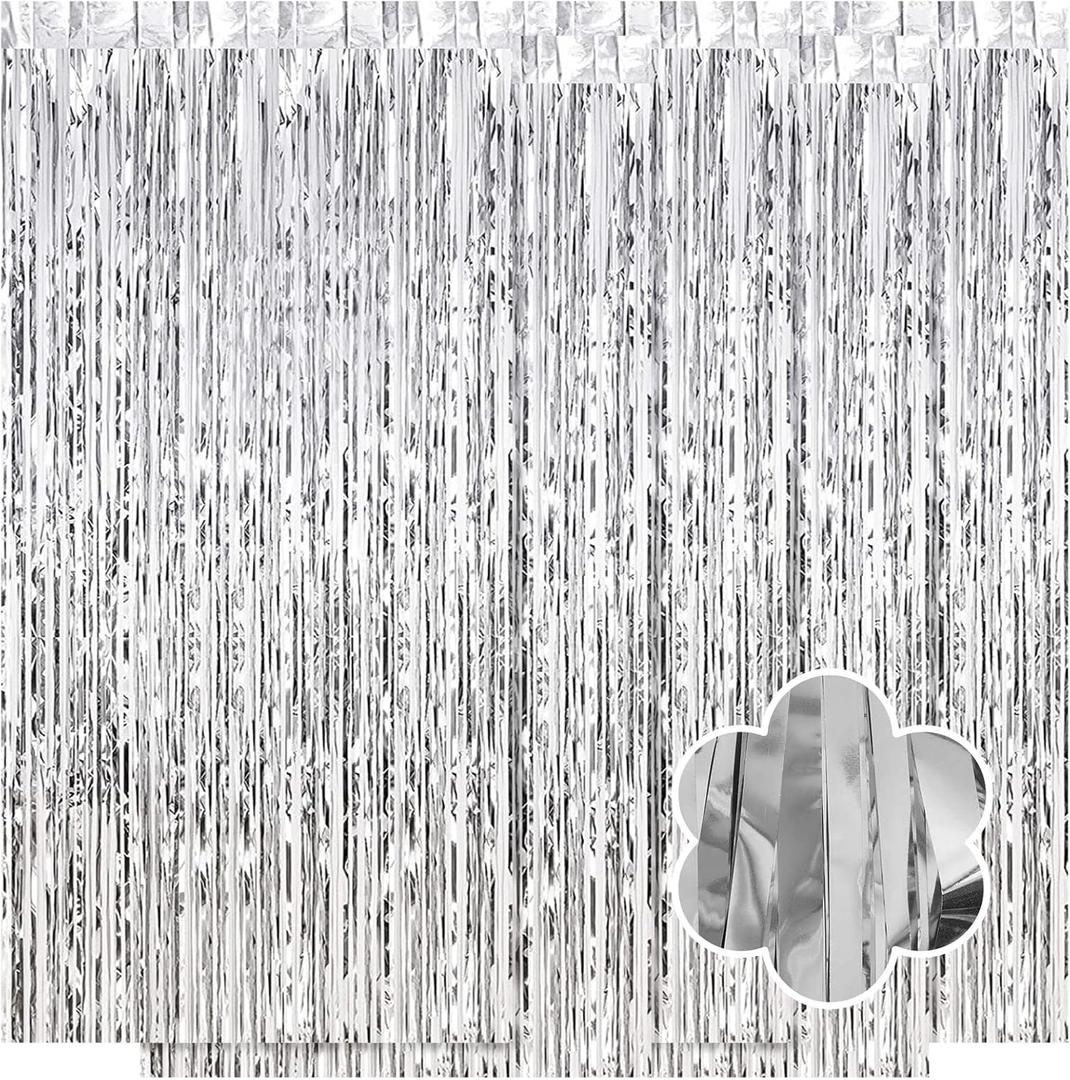 5 Pack Silver Foil Curtain Backdrop 3.2ft x 9.8ft Metallic Tinsel Foil Fringe Curtains Streamer Photo Booth Backdrop for Birthday Party Engagement Bachelorette Party Decorations (Silver)