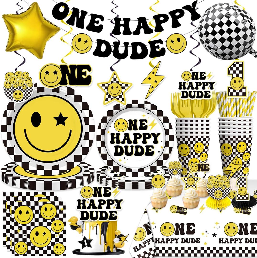 179pcs One Happy Dude Birthday Decorations Include One Happy Dude Plates and Napkins Set, Banner, Hanging, Tablecloth, Cupcake Topper, Balloon, for 1st Birthday Decorations Boy, Serves 25