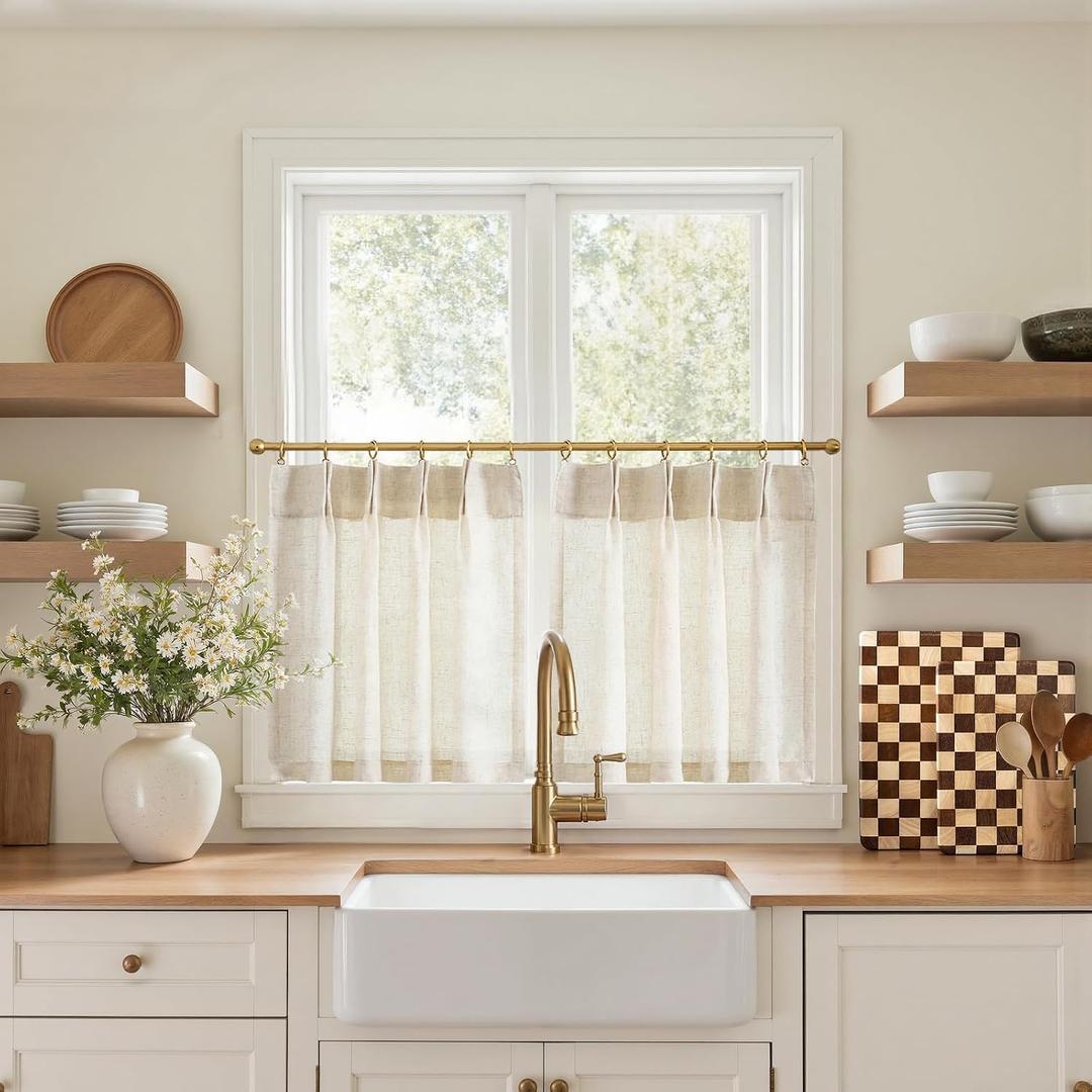 jinchan Linen Pinch Pleated Kitchen Curtains 20 Inch Natural Linen Tier Curtains Back Tab Farmhouse Cafe Style Light Filtering for Bathroom Laundry Room Small Window 2 Panels Beige, 26"W x 20"L