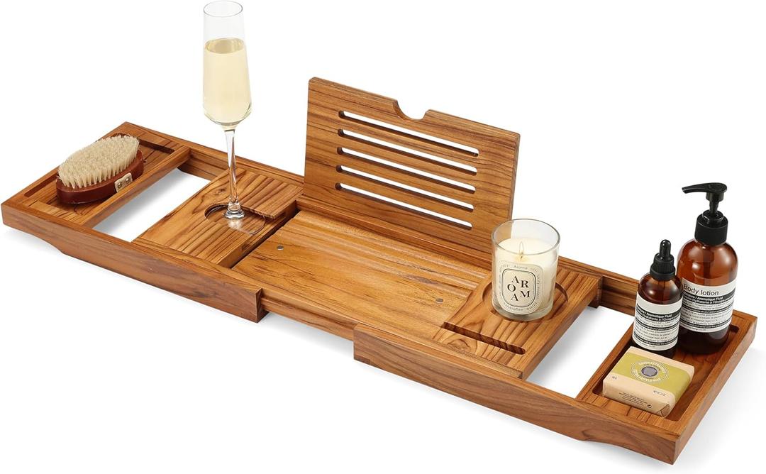 TEAKAURA Teak Bathtub Tray, Bathtub Caddy, Expandable Bath Tub Tray Wood, Bath Table Tray&Bathtub Shelf, Luxury Bathtub & Bathroom Accessories and Organizer, House Warming&Wedding Gifts(Large)