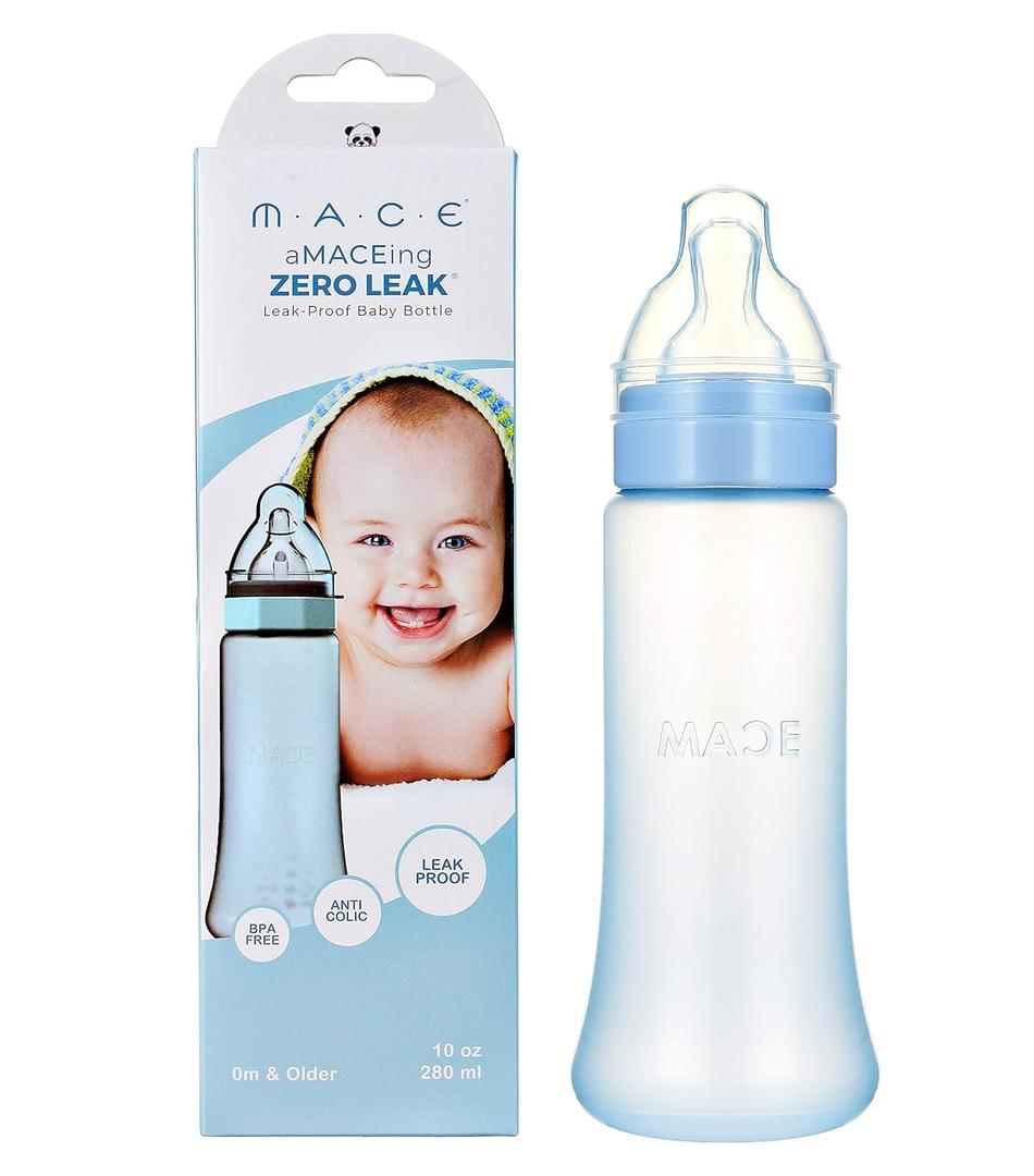 Made in USA aMACEing Zero Leak Baby Bottle with Anti-Colic Vent and Variable Flow, Leak Resistant, 10oz (Blue)