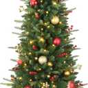 4ft Prelit Artificial Small Christmas Tree with Warm White Multi-Color LED Lights, Timer Battery Operated, Stand Balls & Pine Cone Slim Pencil Decoration Tree for Indoor/Outdoor (Red Gold)