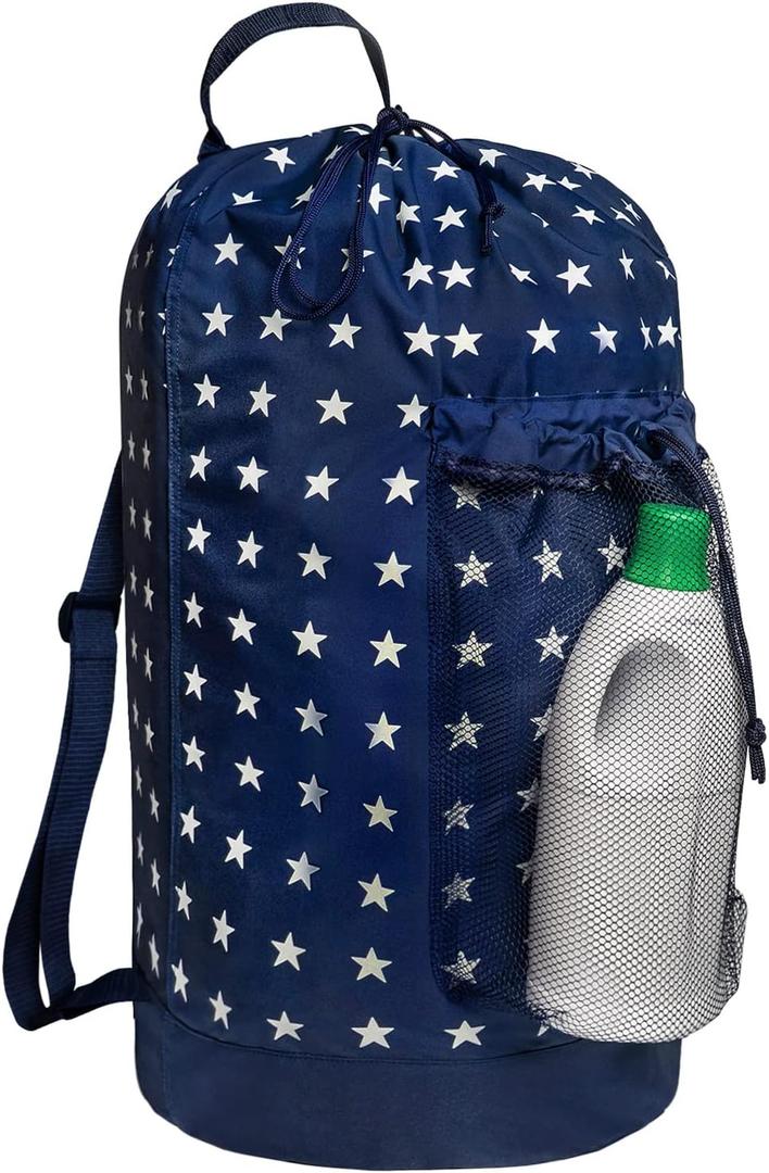Dalykate Backpack Laundry Bag, Laundry Backpack with Shoulder Straps and Mesh Pocket Durable Nylon Clothes Hamper Bag with Drawstring Closure for College, Travel, Laundromat, Apartment (Starry Blue)