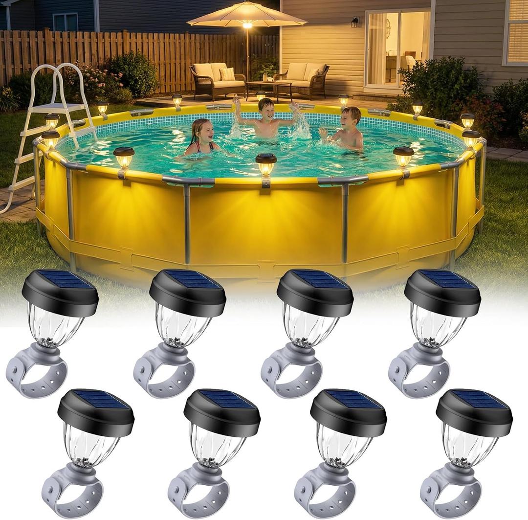 Solar Pool Lights for Above Ground Pools, LED Energy Saving Warm White Light, Waterproof for Frame Swimming Pools Night Accessories (8 Pcs)
