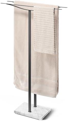 Bathroom Towel Rack Freestanding Floor Stand: Black 36in 2‑Bar Weighted Marble Base Towel Holder, Rustproof 304 Stainless Steel Drying Rack for Bath&Hand Towels, No‑Drill Slim Organizer, Spa Pool