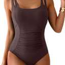 B2prity Women's One Piece Swimsuit Tummy Control Ruched Bathing Suit Double Straps Push Up Swim Suit Slimming Swimwear (Medium, Coffee)