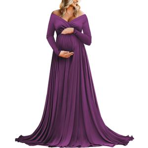 Saslax Maternity Off Shoulders Half Circle Gown for Baby Shower Photo Props Dress (Medium, Plum Purple 131)