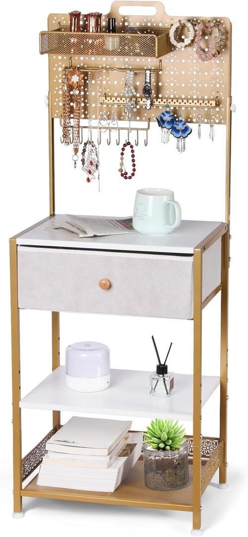 Night Stand with Jewelry Organizer Stand, Nightstand with Fabric Drawer, Modern Night Stand for Bedroom, Bedside Table Nightstand with Pegboard Organizer, Gold/White