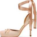 Satin Ballet Heels for Women Closed Square Toe Bow Ballerina Heels Lace Up High Heel Slingback Pumps Strappy Stiletto Mary Janes Elegant Party Shoes (6, Pink)