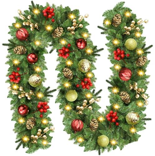 Christmas Garland with Lights, 9FT Prelit Christmas Garland Battery Operated Christmas Wreath with Pine Cones, Red Berries, Artificial Xmas Garland for Mantle, Fireplace, Stairs, Outdoor Decorations