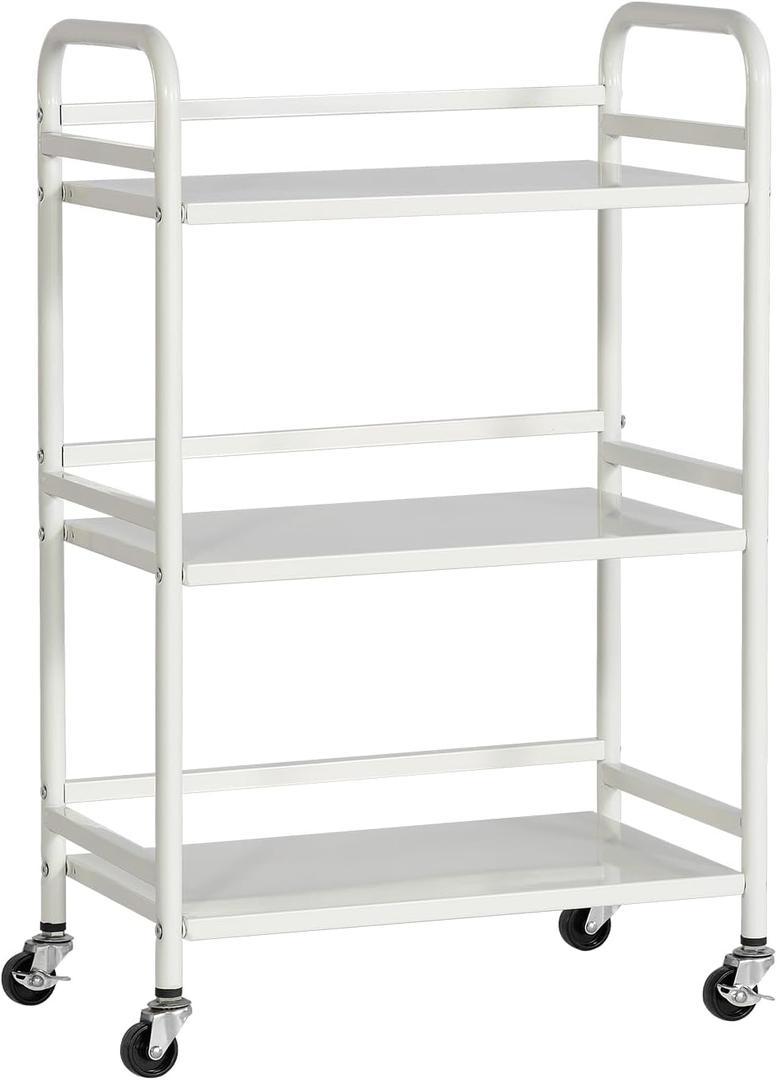 DCLRN 3 Tier Rolling Cart,Storage Organizer Cart,Multifunctional Storage Shelves,Rolling Metal Organization Cart with Handle and Lockable Wheels, for Home, Office, Kitchen, Bathroom(White)