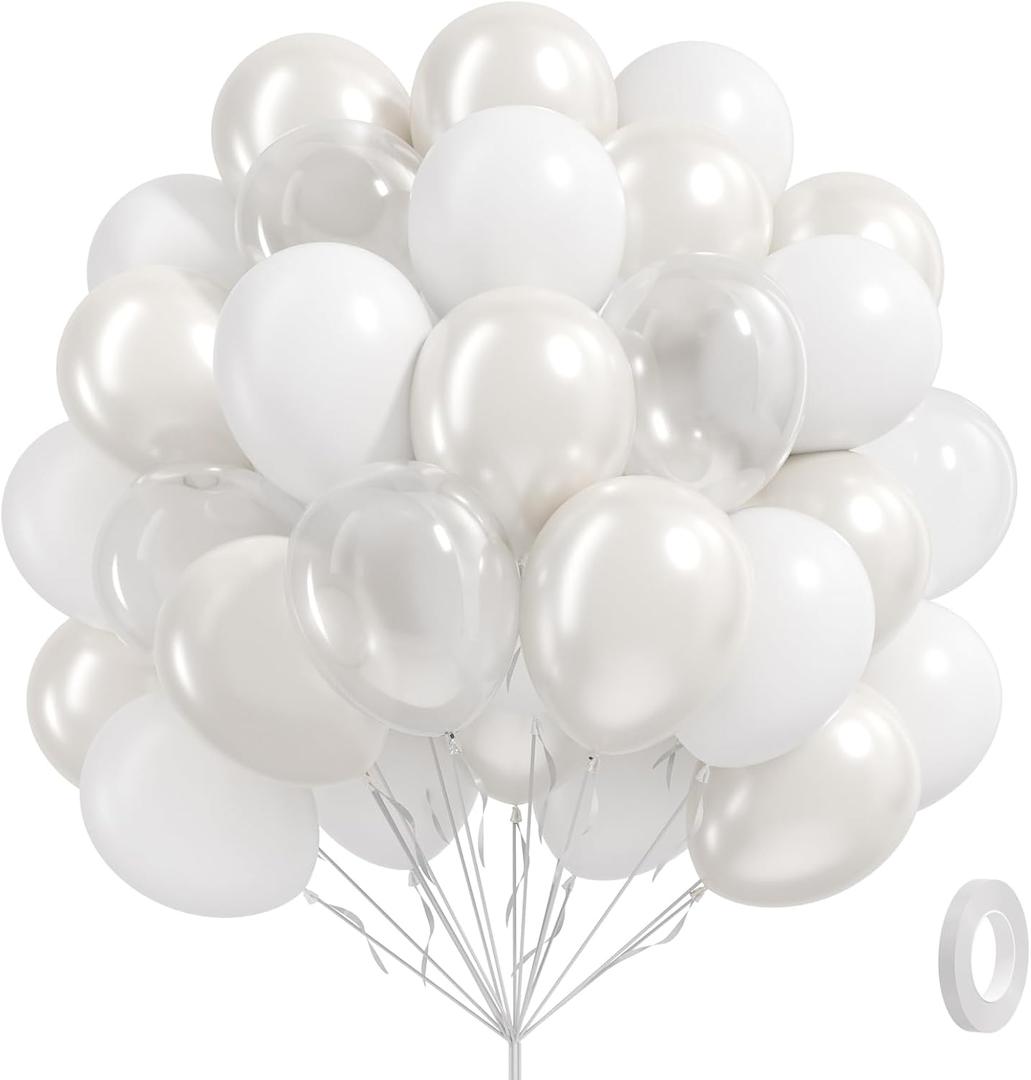 60pcs White Balloons with Clear Pearl White Balloons for Bridal Shower Wedding Bride Bachelorette Engagement Birthday Party Decorations