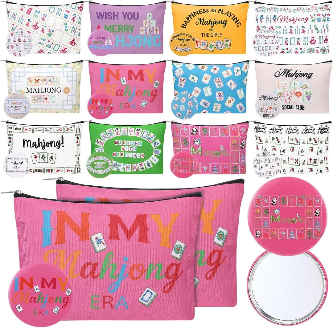 24 Pcs Mahjong Makeup Bags with Mirrors Set Bulk Mother's Day Presents for Women 9 x 6 Inch Mahjong Canvas Cosmetic Pouches for Teacher Nurse Coworker Party Favors