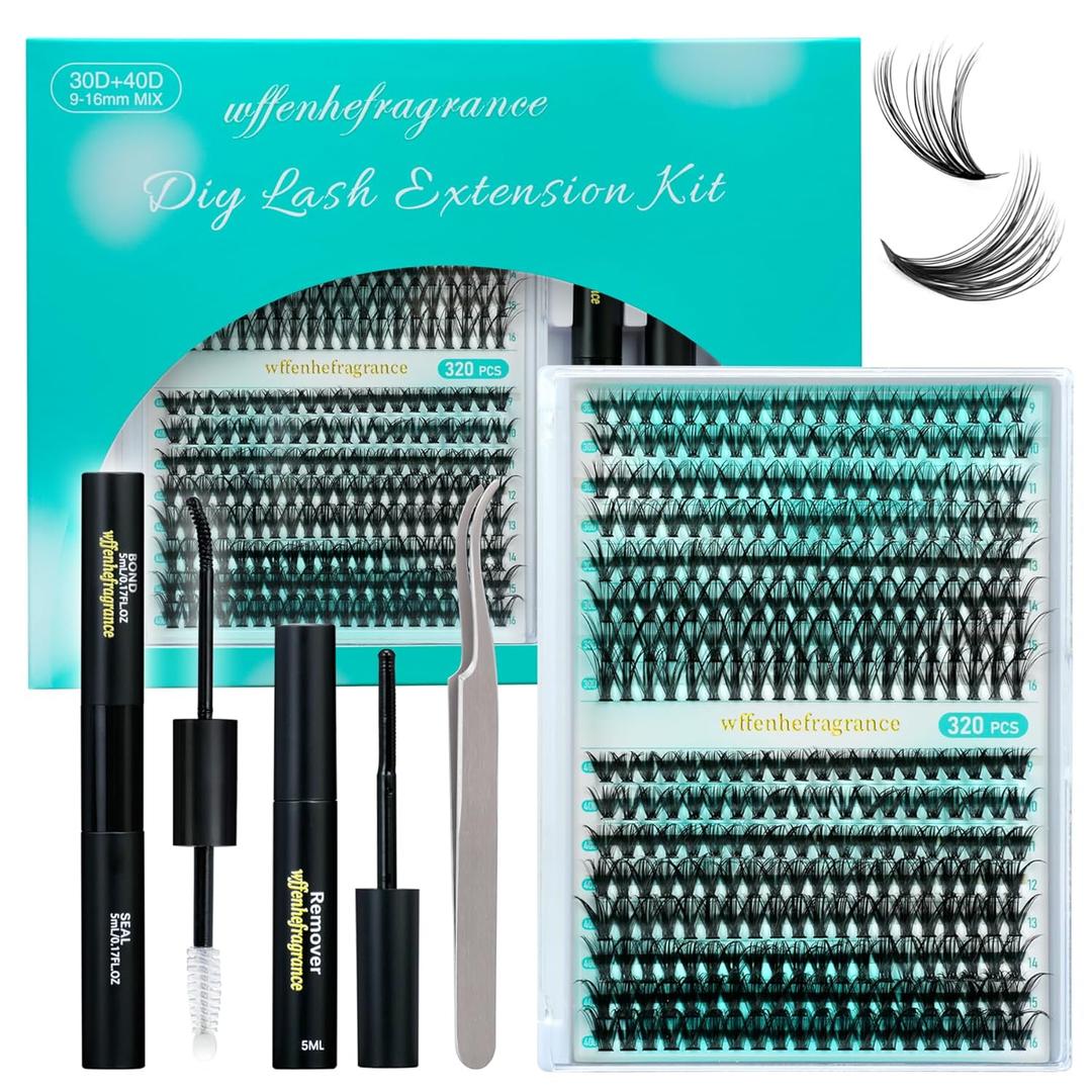 DIY Lash Extensions Kit 30D & 40D D Curl 320pcs, Thin Band lash clusters wispy with Bond, Seal & Pro Tweezers | Lightweight, Reusable, Long-Lasting, Natural-Looking by wffenhefragrance