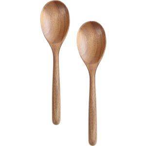 Kitchen Wooden Cooking Spoon, Solid Acacia Wood Serving Spoons for Mixing Stirring, Nonstick Kitchen Utensils Tableware Ladle Scoop for Soup Stews Salad Pasta Sauce Chili (2 Pieces)