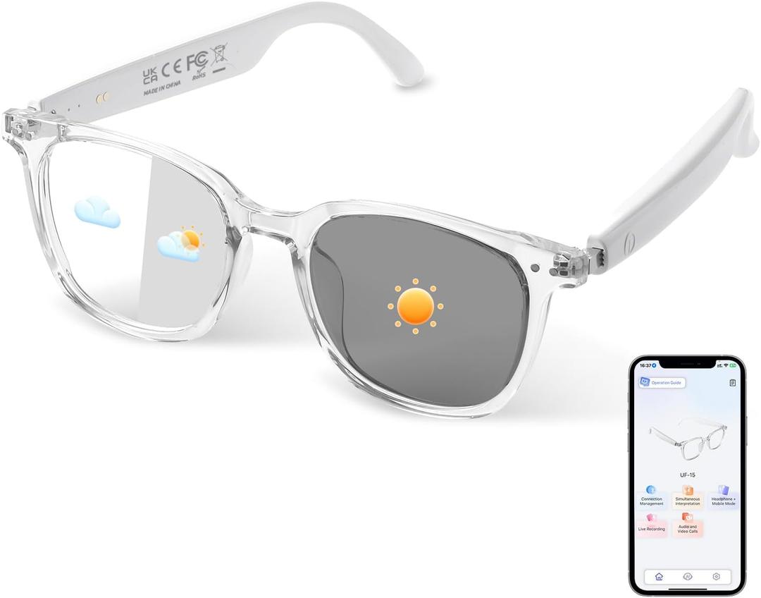 AI Smart Glasses for Men & Women, AI-Powered By Translation, Noise Reduction, Open Ear Audio Mic & Speakers, Translation Glasses with Photochromic Lenses, Support 169 Languages, Business/Travel(White)