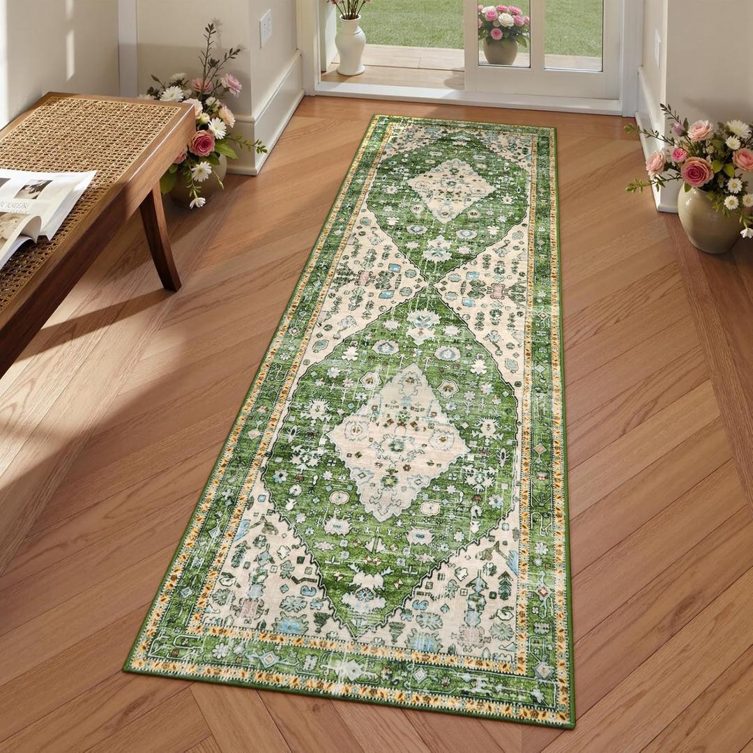 Lahome Boho Runner Rugs with Rubber Backing, 2x5 Green Kitchen Runner Rugs Non Skid Washable, Tribal Vintage Soft Machine Washable Non-Shedding Indoor Runners for Bedroom Hallway Bathroom Decor