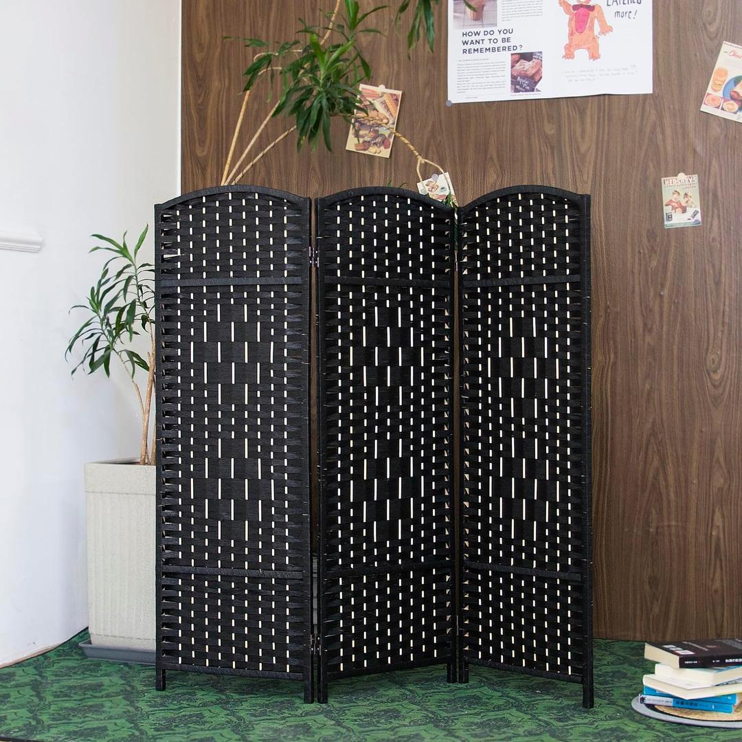 Furnnylane 3 Panel Black Rattan Room Divider for Room Separation, 47.2" Low Height Double Sided Folding Privacy Screen, Freestanding Partition Screen for Home Office - 3.95 ft Tall