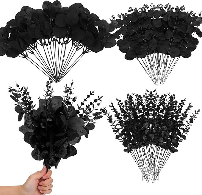 Giegxin 90 Pcs 3 Kinds Mixed Artificial Eucalyptus Leaves Stems Bulk Silver Dollar Leaves Picks Dried Eucalyptus Bundle Faux Spray for Wedding Vase Bouquet Floral Arrangement (Black)