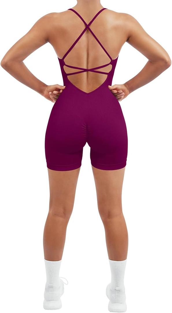 SUUKSESS Women Strappy Romper Seamless Jumpsuit Tummy Control Padded Sports Bra (Large, 11 Purple)