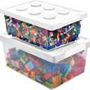 Plastic Storage Bins with Lids - Stackable Toy Storage Organizer Box Set of 2, Toy Chests with Compatible Building Baseplate and Lid, Storage Container for Building Bricks & Toys- White