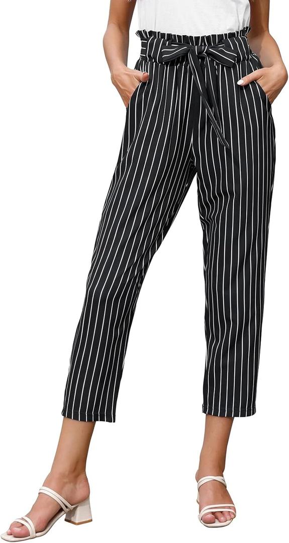 GRACE KARIN Women Pants Striped High Waist Pants Casual Paper Bag Pants with Pockets 2XL