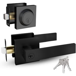 Mega Handles ROBELL Entrance Combo, Entry Lever Door Handle & Single Cylinder Deadbolt Lock & Key Combo Pack, Heavy Duty Square Locking Door Levers Set for Left or Right-Handed Doors - Matte Black (Charcoal)