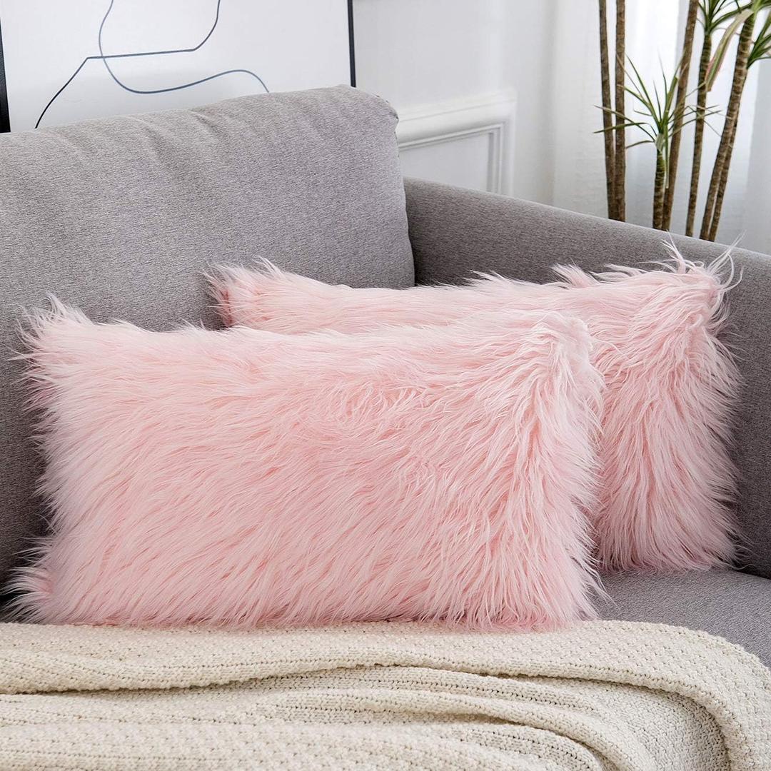 WLNUI Pink Faux Fur Pillow Covers 12x20 Inch,Set of 2 Plush Decorative Throw Pillow Case for Couch Sofa Bed, Soft Fluffy Blush Pink Cushion Cover with Hidden Zipper for Bedroom Girls Room Dorm Decor