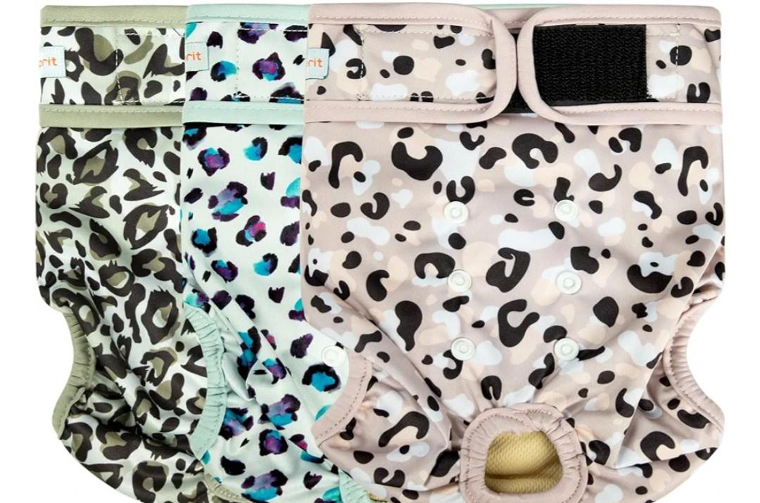 Langsprit Washable Female Dog Diapers - Doggie Reusable Diapers for Doggy Puppy Female in Period - Highly Absorbent Dog Heat Panties Leopard, Large