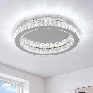 19.7" Modern Crystal LED Ceiling Light, Large Round Crystal Chandeliers Ceiling Lights Fixture, 60W Crystals Flush Mount Lighting Fixtures for Dining Room Living Room Kitchen(6000K), 19.7"-CW