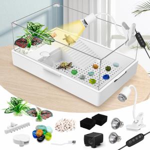 GOZILLA Large Turtle Tank Kit+Water Pump, Acrylic Turtle Tank Starter Kit with Adjustable 5W Water Pump and Two Shower Heads, Multi-Functional Area for Small/Medium Turtles(Large-White Kit)