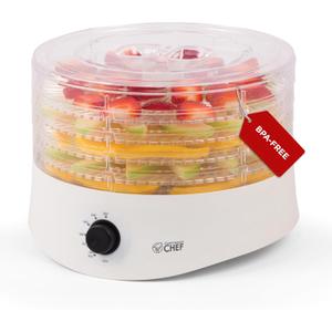 Commercial Chef Food Dehydrator, Five 9.25 BPA-Free Plastic Trays, Dehydrates and Dries Meat, Fruit, Veggies and Jerky, 280W Dehydration Machine, Adjustable Thermostat, CCD100W6, White