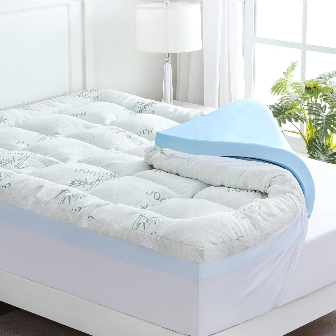 DOWNCOOL Dual Layer 4 Inch Memory Foam Mattress Topper Twin 2 Inch Gel Memory Foam & 2 Inch Pillow Top Mattress Pad, Soft & Breathable Viscose Made from Bamboo, for Back Pain Relief