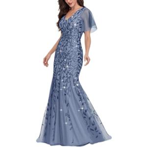 YHHOWEP Women's Formal Evening Gowns Long Sparkly Sequin Elegant Tulle Sleeve Mother of Bride Dress Bodycon Maxi Prom Dresses Dusty Blue S