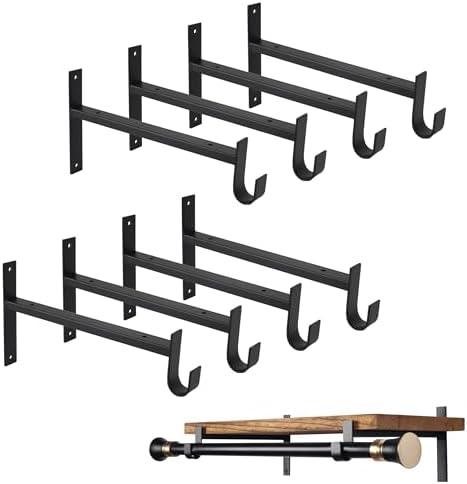 OVOV Closet Rod Bracket Heavy Duty 12 Inch Closet Shelf Brackets with Rod Holder Black Wall Mounted Closet Rod Support Brackets with Hook, (4 Pack)