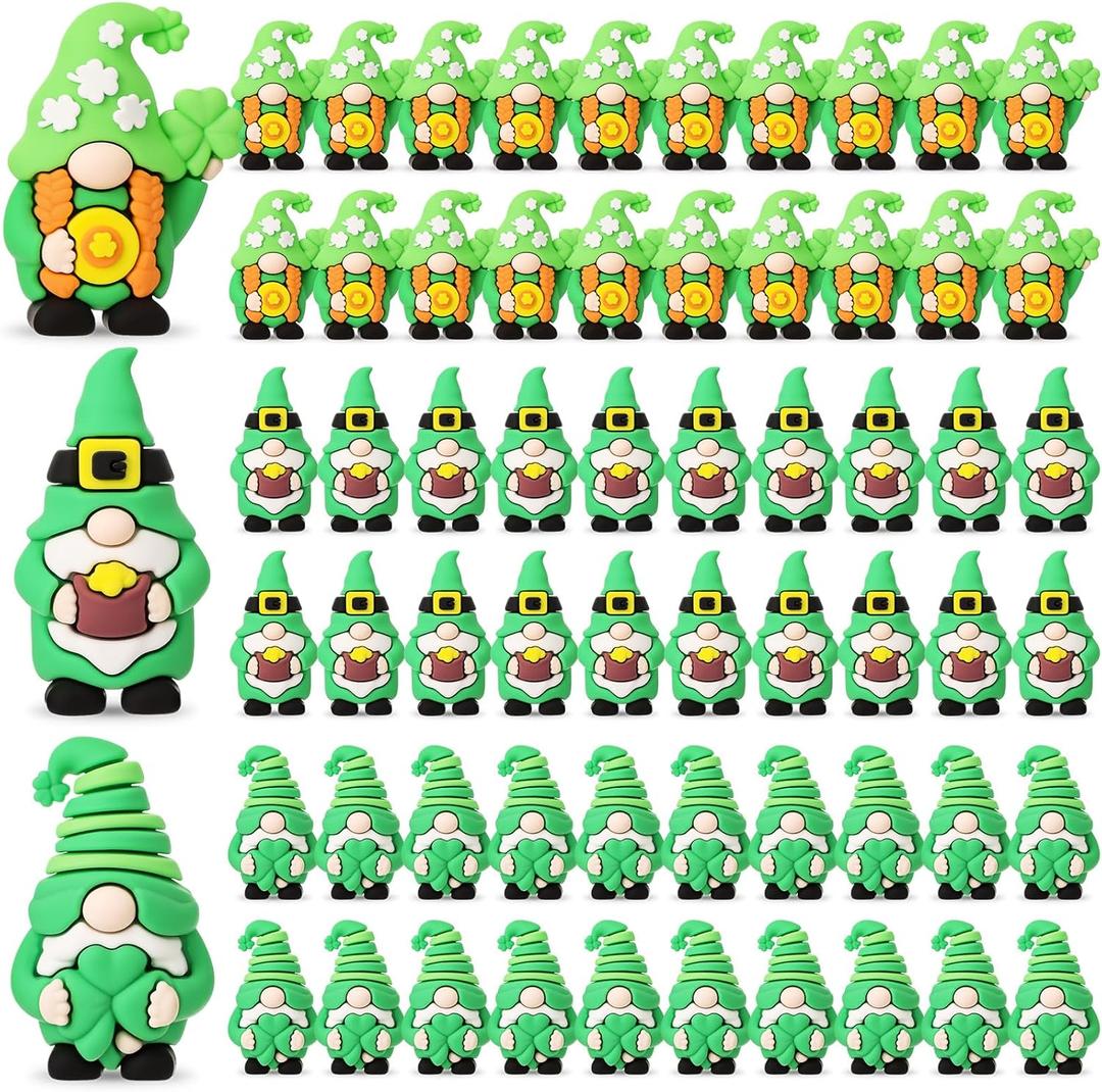 Kathfly 60 Pcs St. Patrick's Day Tiny Gnomes Figurines Shamrock Mini Gnomes Figures to Hide and Seek Four Leaf Clover Miniature Statues St. Patrick's Day Gift Party Favors Goodies Bag Accessories
