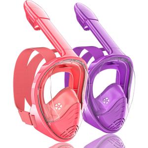 QingSong Kids Snorkel Mask Full Face, Snorkeling Set with Camera Mount, Foldable 180 Degree Panoramic View Snorkeling Gear Anti-Fog Anti-Leak (X-Small, Pink/Purple)