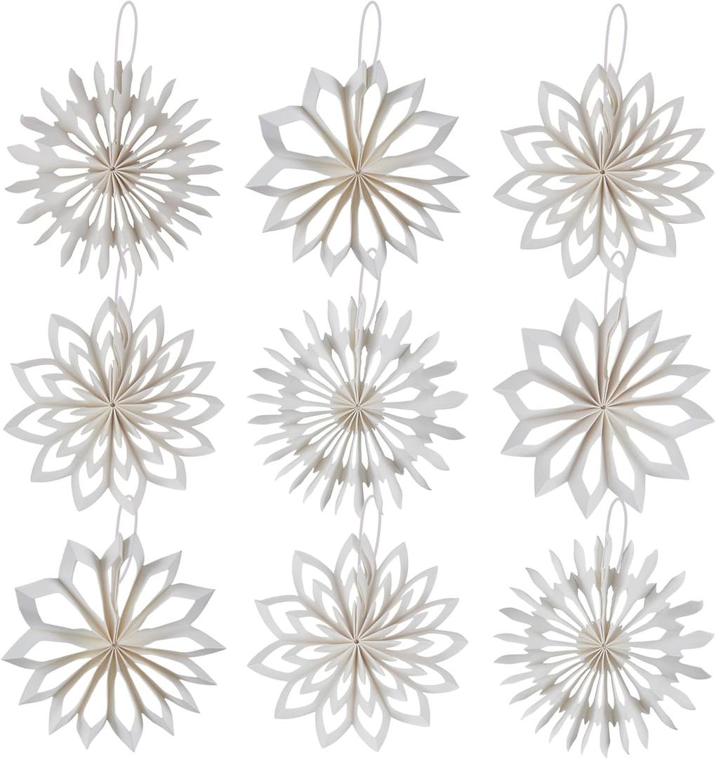 EASY JOY 9Pcs Christmas Hanging Decorations-White Snowflakes Ornaments 3D Christmas Winter Decorations Pure White Hanging Snowflake Decoration for Christmas Tree Garland Winter Home Window Room