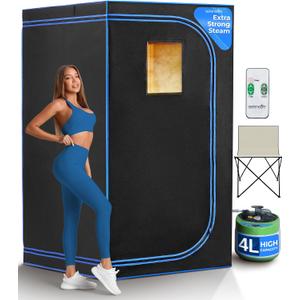 SereneLife Portable Sauna Box for Home, Steam Tent with Extra Large 4L Steamer - Includes Folding Chair, Remote Control w/ 9 Heat Levels for in-Home Spa - 2.9' x 2.9' x 5.9'