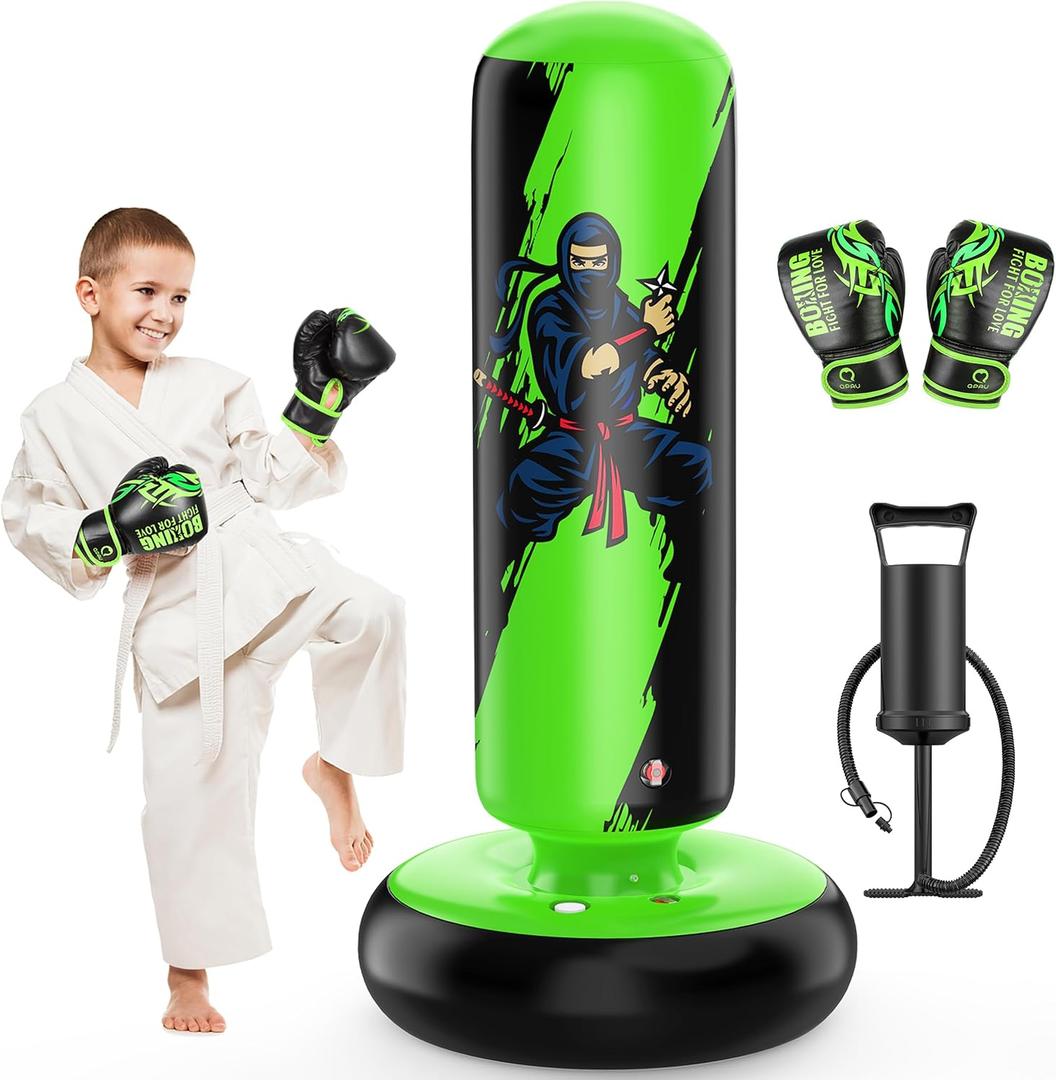 QPAU Punching Bag for Kids, 66 Inch Stable Inflatable Boxing Bag with Boxing Gloves, Stand Kids Punching Bag Toy for Boys & Girls Age 6-12, Boxing Set for Practicing Karate, Taekwondo, MMA (Green)