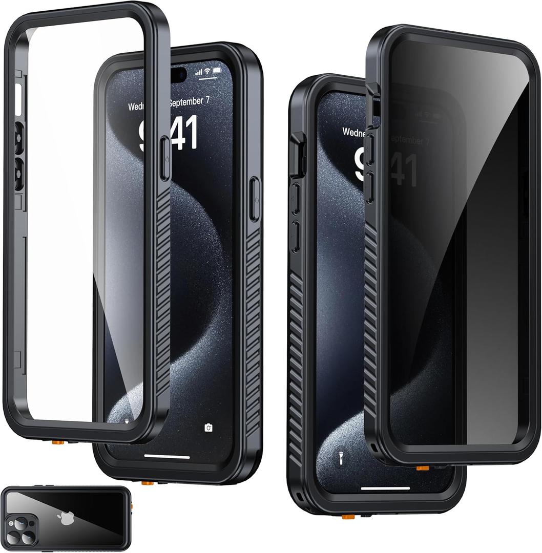 for iPhone 15 Pro Max Case Waterproof - Built-in Privacy Screen Protector & HD Screen Protector [IP68 Underwater] Shockproof Dustproof Full Body Protection iPhone 15 Pro Max Phone Case (Black)