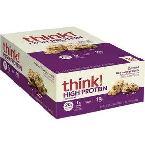 think! Protein Bars, High Protein Snacks, Gluten Free, High Fiber, Oatmeal Chocolate Chunk, 10 Count, Best before 01/09/2026