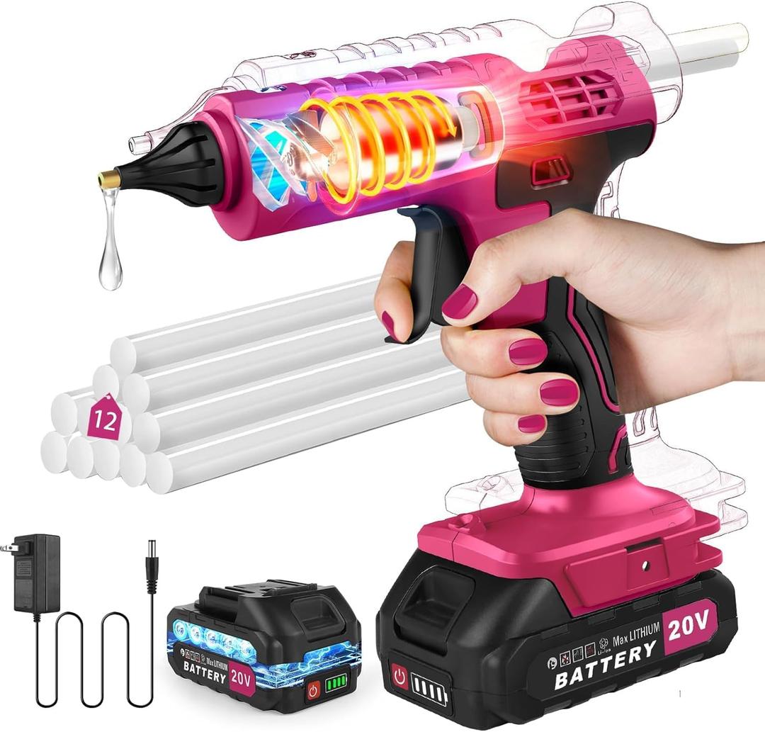 100W Cordless Hot Glue Gun and Sticks Set with Battery and Charger, Full Size Glue Gun Cordless & Rechargeable 12pcs 0.43'' Glue Sticks, Wireless Battery Powered Hot Glue Gun for Crafts & DIY (Pink)